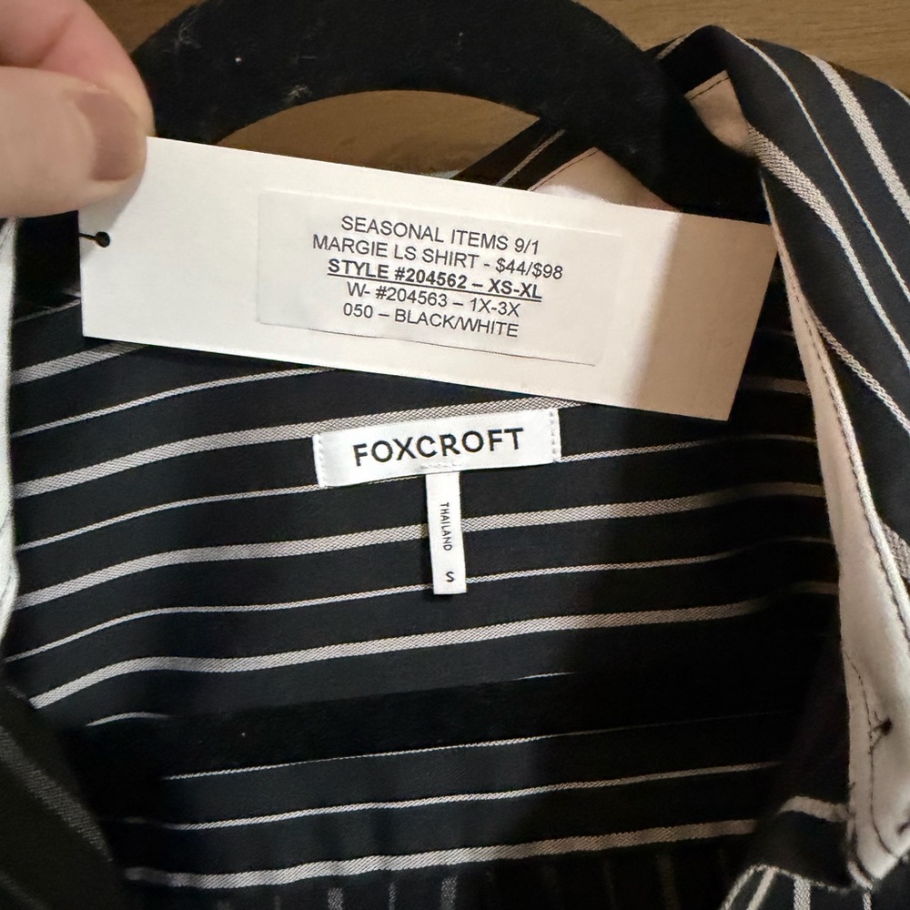 NWT Foxcroft Black and White Striped Button Down Shirt with white Cuffs and trim - Picture 2 of 3